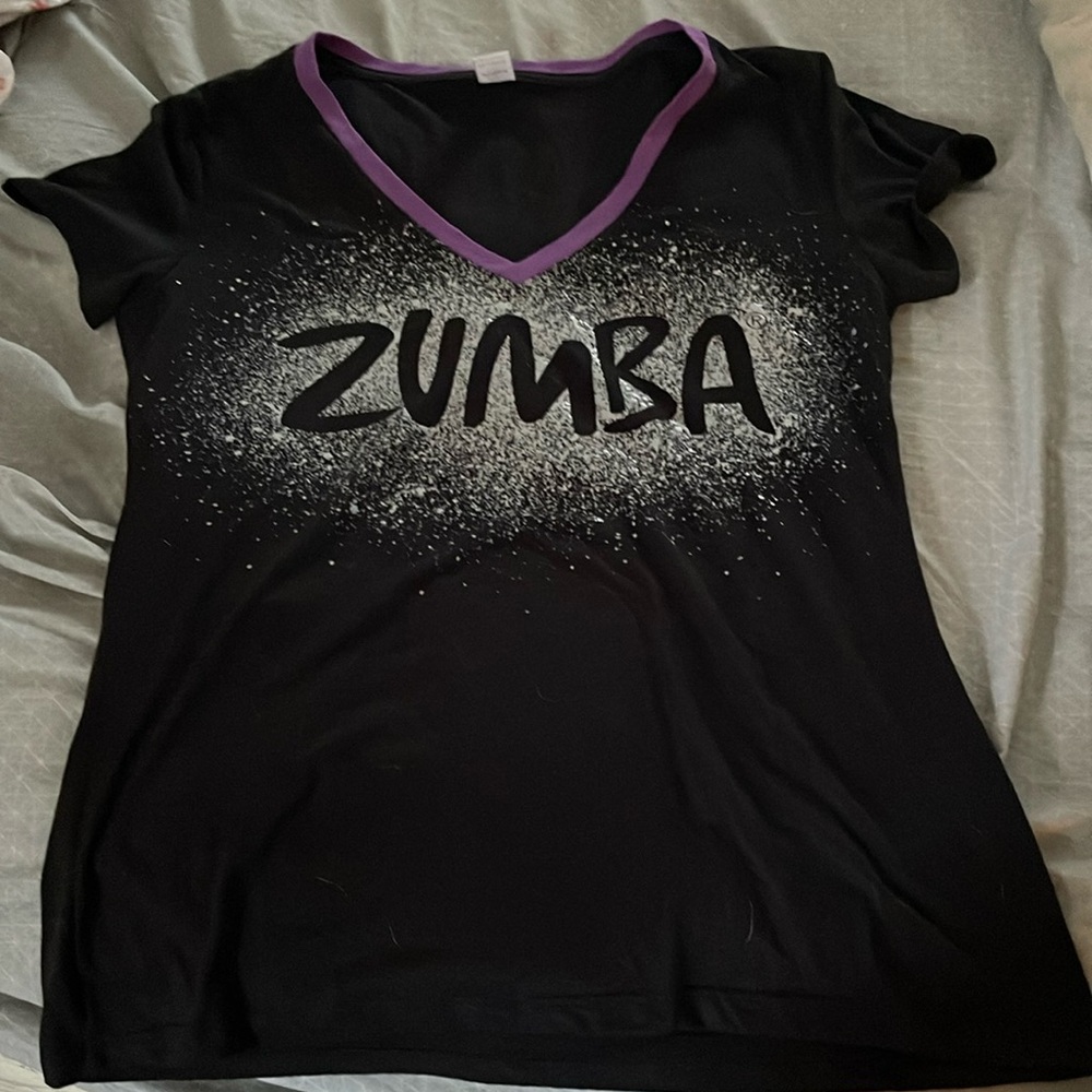 Zumba t-shirt, black, purple and sparkly design.